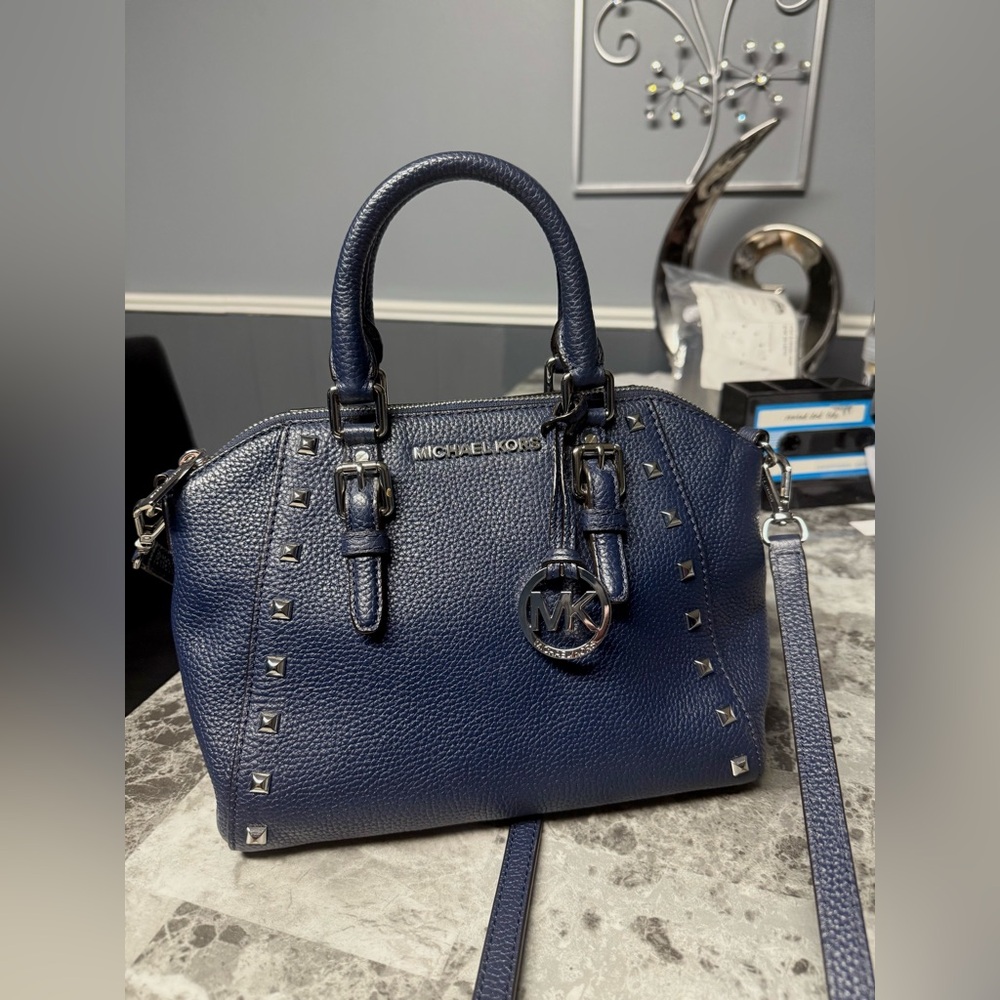 Michael Kors Navy Blue Studded Satchel Studs Crossbody silver hardware